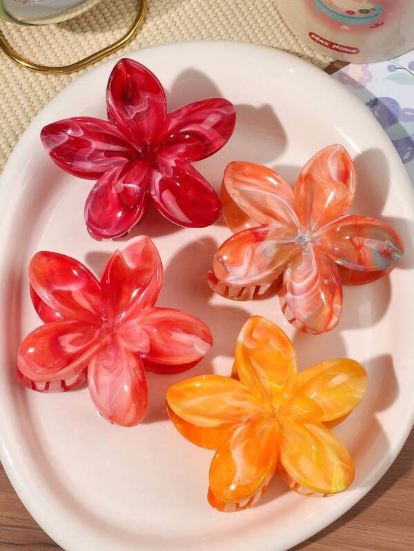 4 pièces Épingles à cheveux Bohème sucrées et lumineuses pour le printemps/l'été, motif orange vif et rouge marbré. Ensemble d'épingles à cheveux de plage, accessoires capillaires à la mode, pinces fleuries élégantes