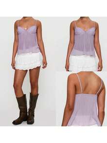 Women Pleated Camisole Sheer Mesh Spaghetti Strap Tank Top Lace Trim V Neck Bustier Cami Tops Streetwear - Màu tím - Xem 7
