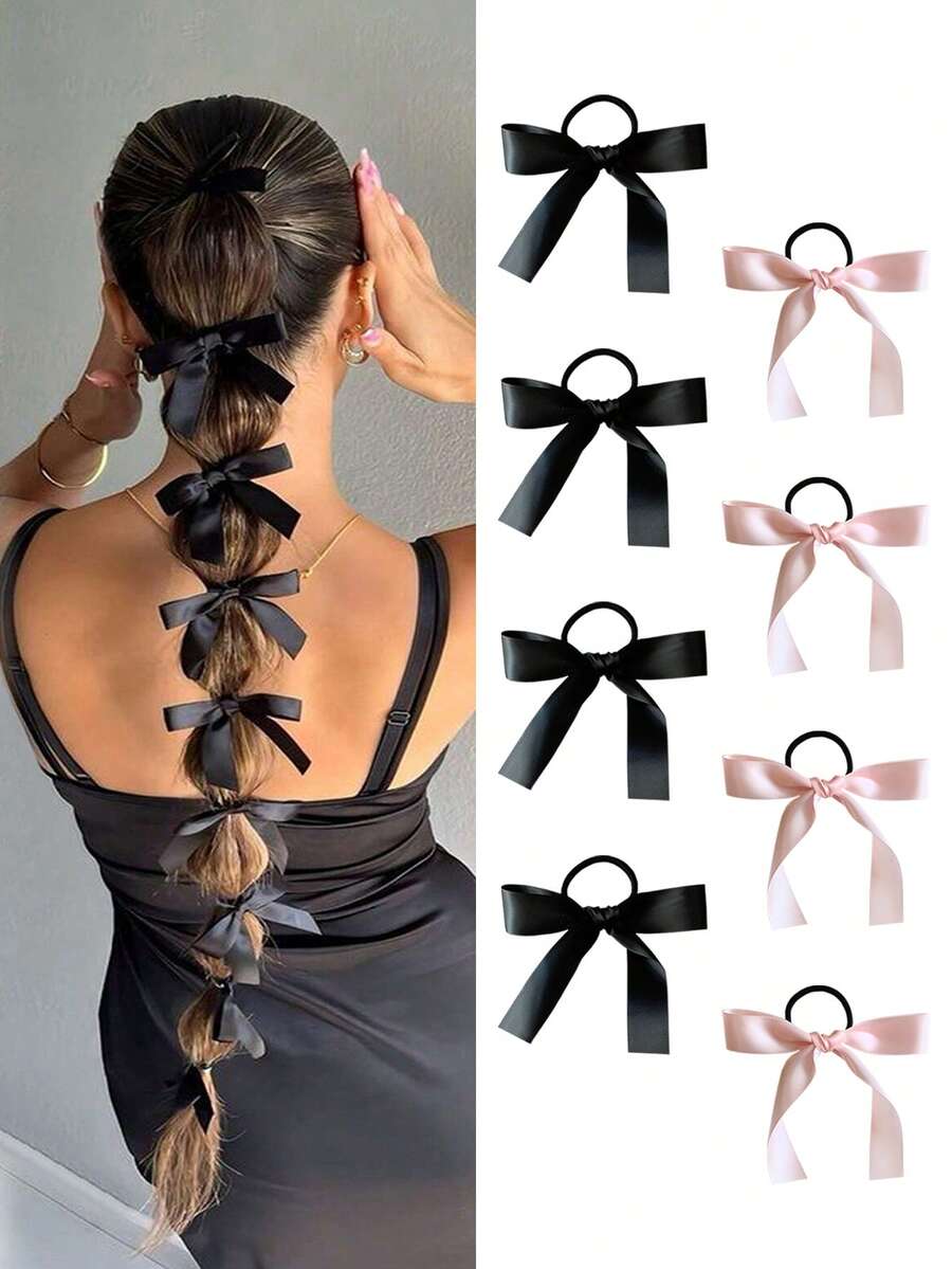8/16件/套多功能发圈配饰，黑色缎带发圈，蝴蝶结发圈，优雅简约韩式发圈，适合女性日常使用，可作礼物和摄影道具，蝴蝶结配饰，发圈，发饰，马尾辫发圈，发绳，橡皮筋，发圈，礼物，发绳头饰弹力带 - 黑色+粉紅色 - 查看 1