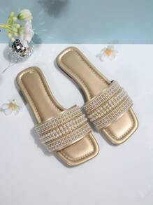 Lujos Sandalias tipo mulas de gran tamaño con puntera cuadrada y adorno de perlas, antideslizantes. Sandalias versátiles de moda para playa y vacaciones para mujeres