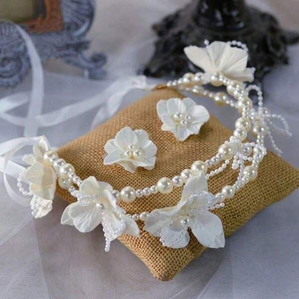 Neue Brautschmuck-Accessoires, koreanisch-stilisierter Kopfschmuck aus handgefertigter Spitze und Perlen, Accessoires für Hochzeitskleider und Abendroben, Fotostudio-Ornamente + Ohrringe