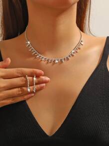 Conjunto de 3 piezas con collar y aretes completamente enjoyados con rhinestones en diseño geométrico minimalista y elegante, adecuado para uso diario, citas en el campus, bodas, San Valentín o de regalo para vacaciones