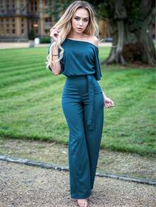 Mono largo sexy y lindo para mujer xally 123 con mangas de media capa y cuello vuelto, diseño de pierna ancha, confeccionado en tejido elástico medio, ideal para fiestas. - Azul lavado oscuro - Ver 1