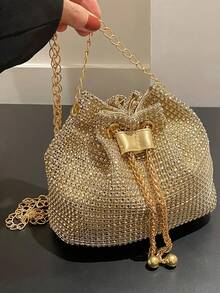 时尚抽绳女士单肩包大容量多功能钻石水桶包带链条可交叉包休闲多功能通勤包新娘包单肩斜挎包小众设计亮钻包派对、婚礼、派对女士晚宴包 - 彩色 - 查看 2