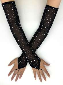 1 Paar 49 cm Damen Mesh sexy fingerlose Handschuhe mit Strass, dehnbare dünne glitzernde Modeschuhe für Musikfestival, Bühnenauftritte, Singles Party, Frühling/Sommer - Mesh heißer Diamant - Übersicht 8