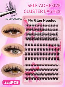 144Pcs C Curl Self Adhesive Individual Cluster Lashes DIY Lash Extension Set Press On Segmented Lashes No Glue Needed Spikes Eyelashes Extension Lash Clusters,Eye Lash Clusters,Individual Eyelashes,Lashes,Fake Lashes - 黑色 - 查看 1