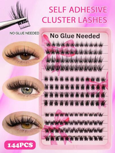 144 pezzi Ciglia individuali a grappolo con adesivo C Curl, set di estensioni ciglia fai da te, ciglia segmentate da applicare senza colla, estensioni ciglia a punte, grappoli di ciglia, ciglia individuali, ciglia finte