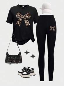 2 Pieces Teen Girls Chic Leopard Set Y2K Vibes Trendsetter Must-Have Summer Wear