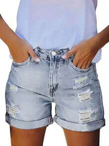 Women's Pocket Ripped Hem Casual Denim Shorts - Light Blue - View 3