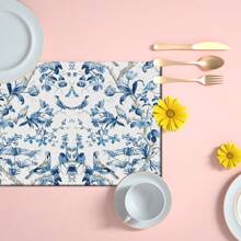 Set de 4 o 6 individuales, decoración del hogar, individual de lino estilo moderno de porcelana azul y blanca impresa, adecuado para mesas de comedor, decoración versátil de temporada en primavera, verano, otoño e invierno, individual de mesa lavable de estilo moderno, resistente al calor, resistente a las manchas, decoración de habitación, individual, posavasos, individual de mesa de cocina, decoración de fiesta, decoración del hogar, regalo ideal