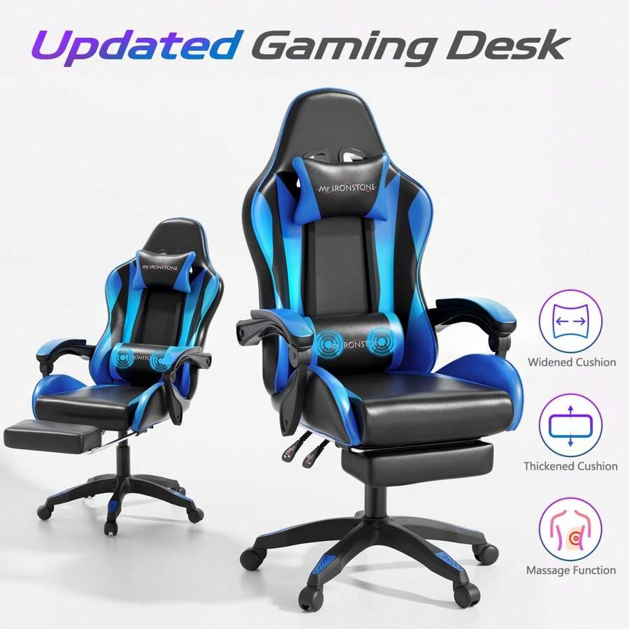 MR IRONSTONE 1pcs Gaming Chair Lumbar Massage With Footrest Ergonomic Computer Chair, Office Gaming Chair, Gamer Chair For Adults Ergonomic Computer Chair, Comfort Swivel Home Gaming Mesh Chair, High Back With Adjustable Lumbar Support Original Armrest (Blue-Black) - 藍色 - 查看 1