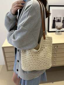 Women Summer New Versatile One Shoulder Beach Vacation Woven Straw Tote Bag