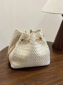 2025 New Woven Small Bucket Bag For Women, Chic Drawstring Chain Shoulder Messenger Bag - Beige - View 7