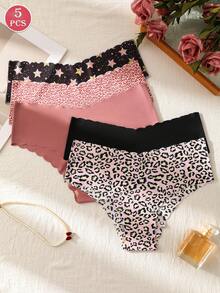 5 piezas de bragas tipo hipster sin costuras a rayas onduladas para mujeres, ropa interior estirada transpirable y suave, con estampados de leopardo, estrella y unicolor, adecuado para todas las estaciones y uso diario - Multicolor - Ver 1