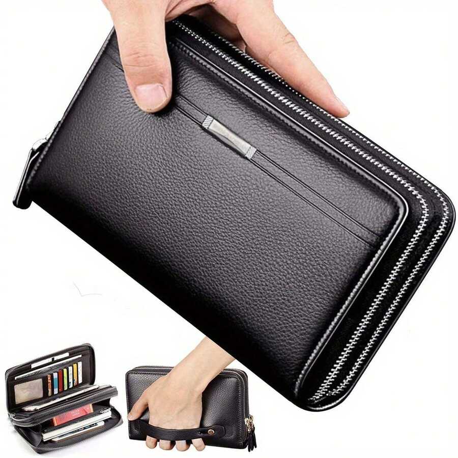 Cartera larga de embrague de PU para hombres, bolsa de tote de negocios y viaje grande como regalo para padre, esposo o novio - Negro - Ver 1