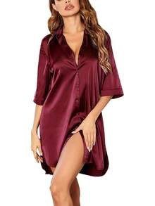 Women's Satin Nightshirt Button Down Sleepshirt Silk 3/4 Sleeve Nightgown Boyfriend Notch Collar Sleepwear S-3XL - 酒紅色 - 查看 1