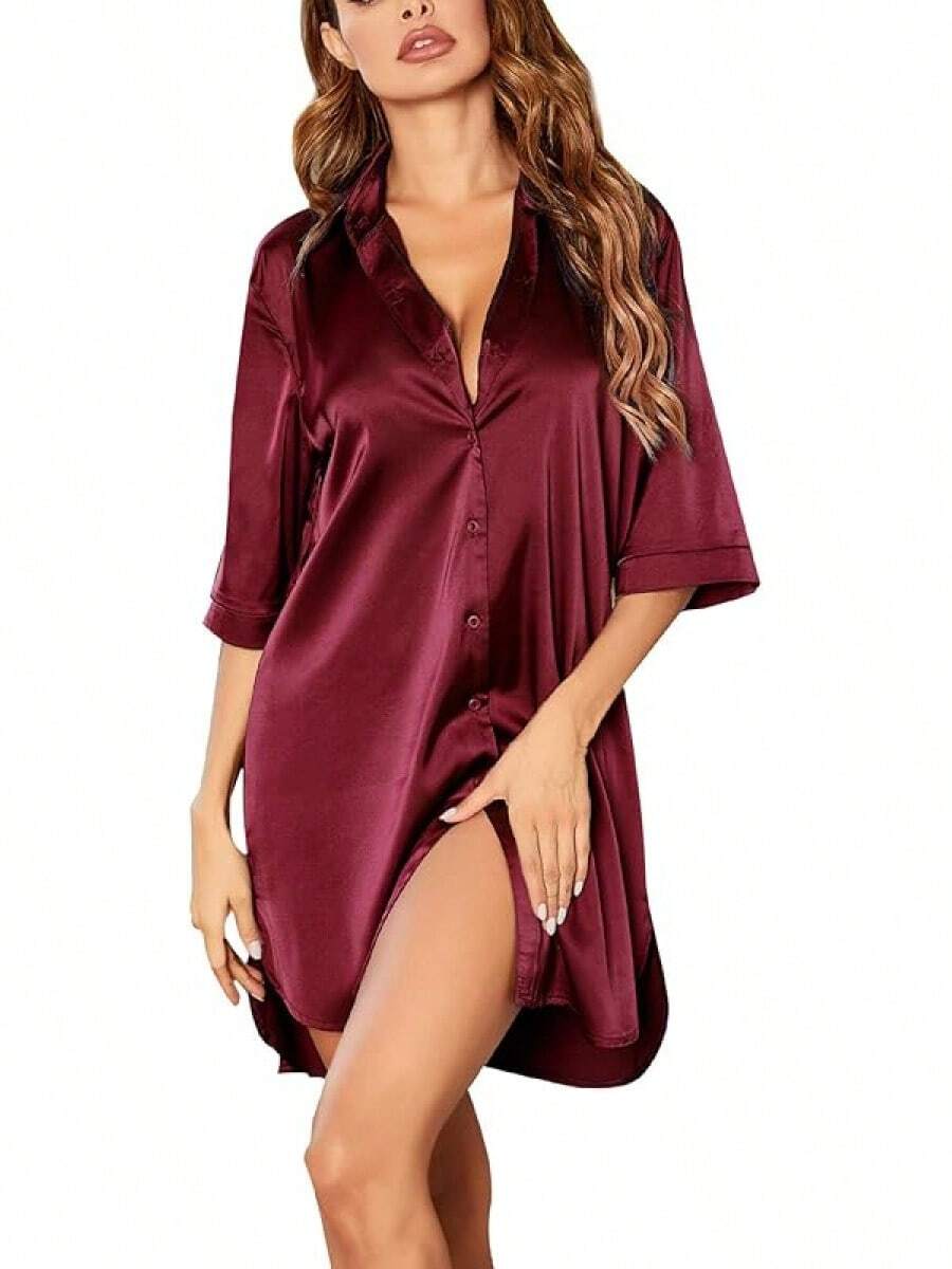 Women's Satin Nightshirt Button Down Sleepshirt Silk 3/4 Sleeve Nightgown Boyfriend Notch Collar Sleepwear S-3XL - 酒紅色 - 查看 1