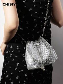 CHISIY 手工制作的优质水钻装饰水桶包，优雅的金属金色/银色/玫瑰红色 PVC 和面料时尚手提包，容量大，设计简约百搭，适合工作、购物、旅游、派对、婚礼、秋冬