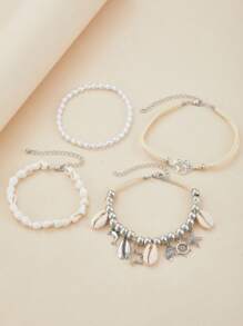 Set de 4 piezas de tobilleras de verano para mujer, tobillera artesanal de cadena con cuentas de arroz, estrella de mar y concha, estilo bohemio