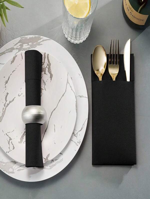 Black Disposable Dinner Napkins With Pockets For Wedding Decoration, Available In Packs Of 1pc - 10pcs - 50pcs. Linen - Textured Pre - Folded Guest Hand Towels For Party Decoration, Cocktail Party Receptions, And Hotels