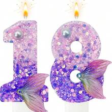 Mermaid Party 0-9 Number Candles, 1-100 Years Old Birthday Candles, Glitter Series, Birthday Cake Candles, Baking Candles, Atmosphere Decor, Suitable For Birthday Party, Housewarming Party, Anniversary, Wedding Party, Mermaid Theme Party Cake Decoration