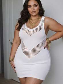 Hohlgeometrie Muster gestrickter Überwurf in großen Größen, Urlaubs Frühling/Sommer Strickkleid für große Größen