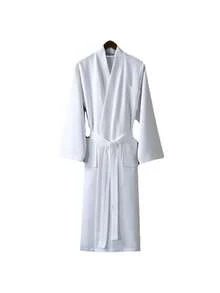 1pc Solid Color Waffle Woven Shawl Collar Bathrobe, Casual Loungewear, Made Of Soft Absorbent , For Bathroom, Bedroom, Pool Back To School