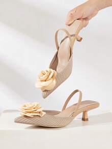 女士花卉针织小猫高跟鞋，纯色尖头一脚蹬鞋，百搭优雅派对低帮凉鞋，低跟舒适通勤凉鞋 - 杏色 - 查看 2