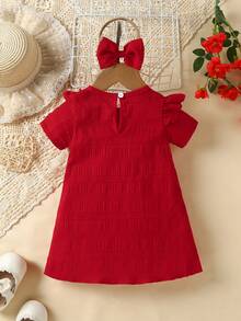 Baby Mädchen Sommer Lässig minimalistisches Jacquard Volant Ärmel Rundhals Kleid mit Knopf hinten und Schleifenbandana