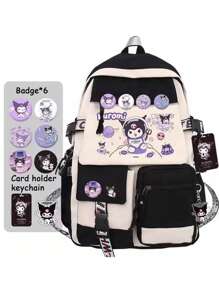 Sanrio Kuromi Anime Rucksack mit Lunch-Tasche, Nylon Laptop-Rucksack für Jungen und Mädchen, Mehrere Fächer, externer Geräteport, wasserdichtes Design, verstellbare Schultergurte, ideal für Schule, täglichen Gebrauch und Reisen, süßer Cartoon-Muster, thematische Lunch-Tasche, Reißverschluss-Verschluss, Schul-Rucksack