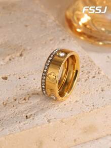 2pcs Set 18K Gold Plated Stainless Steel Clover Design Cubic Zirconia Rings, Waterproof & Fade Resistant, Suitable For Women Everyday Wear, Party, Holiday Gift