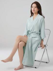 1 pieza Bata de mujer de gasa de unicolor con cuello recto, bata larga, ropa de dormir, informal, suave, absorbente, para baño, dormitorio, piscina, hotel, spa, uso personal, regalo