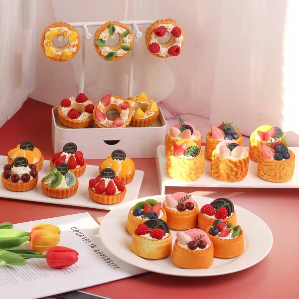 4pcs Fancy Egg Tart Wedding Decor Refrigerator Magnets, Popular Fruit Tart Cream Cake Bread Crafts Decoration Set