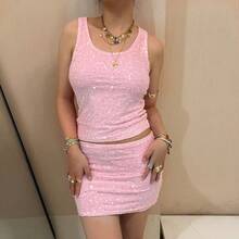 Womens Two Piece Summer Outfits Glitter Sequin Sleeveless Tank Tops and Mini Skirt Set Clubwear - Rosa - Ver 3