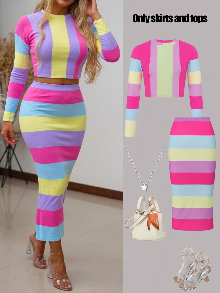 Women's Autumn/Winter Striped Skirt Set, Colorful Round Neck Long Sleeve Top Paired With Fitted Skirt, 2 Pieces Set Spring Elegant - Multicolor - View 1