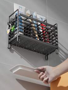 1 Pc 2/3 Grid Stainless Steel Chopstick Holder, Cutlery Drain Rack, Cutlery Storage Rack, Home Storage Organizer For Home, Dormitory With Drain Tray, Kitchen Accessories - Multicolor - View 5