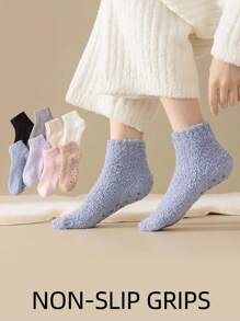 3 Pairs Random Women's Soft Coral Fleece Anti-Slip Ankle Socks, Warm Lining, Cozy Comfort Slippers For Indoor
