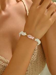1pc Handmade Asymmetrical Pinkstone & Little Fish Charm Beach Holiday Bracelet - White Pink - View 8