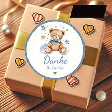 定制感谢贴纸 - 圆形温暖风格设计，带有欢快的棕熊、漂浮气球和 DANKE 横幅，白色纸质贴纸，用于礼品包装、生日、公司礼品（德国感谢）、节日装饰、俏皮主题、手工外观、装饰标签、德语使用者、学校用品、返校