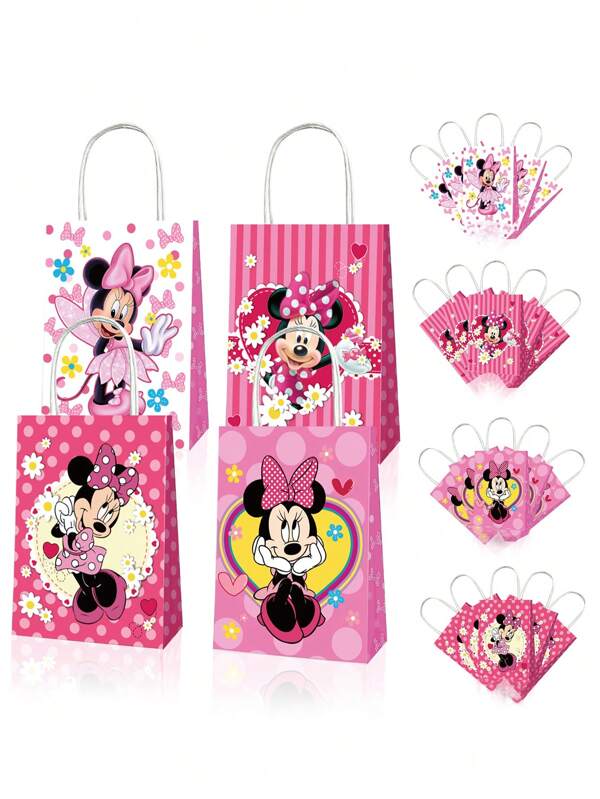 Disney Mickey Mouse Birthday Party Companion Gift Kraft Paper Handbag; Gender Revealing Souvenir Tote Bag; 12pcs Two Four Patterns/Different Front And Back Themed Candy Cookie Party Gift Box, Party Candy Gift Bags, Minnie Mouse Themed Party Decorations For Christmas, Halloween, Easter, Valentine's Day, National Day Mother's Day Graduation