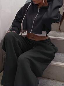 2 piezas Conjunto de sudadera con capucha y pantalón de chándal de unicolor casual para mujer, negro de otoño/invierno primavera - Negro - Ver 2