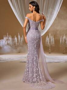 GIFORU 奢华薰衣草色透明雪纺晚礼服 - 优雅深 V 领美人鱼礼服，搭配珍珠管刺绣和幻觉背部，浪漫婚礼宾客礼服，适合花园庆典/正式庆典/周年庆典 - 淺灰紫 - 查看 4