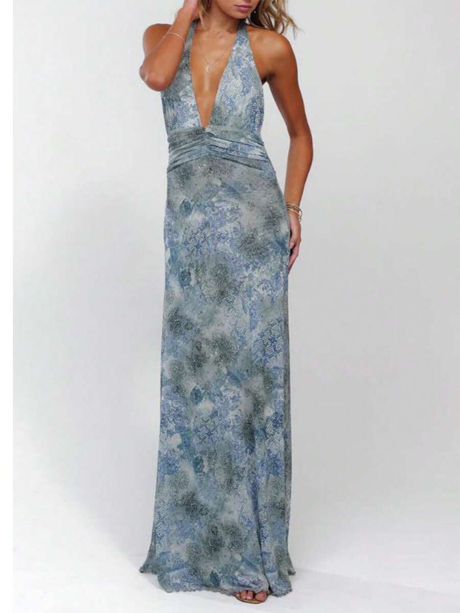 Womens Halter Floral Maxi Dress Deep V Neck Backless Bodycon Long Dresses Y2k Formal Cocktail Going Out Beachwear - 藍色 - 查看 1