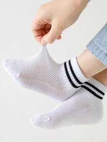 5双装儿童棉质条纹网眼透气短袜，吸汗运动袜，适合上学、春夏穿着 - 彩色 - 查看 5