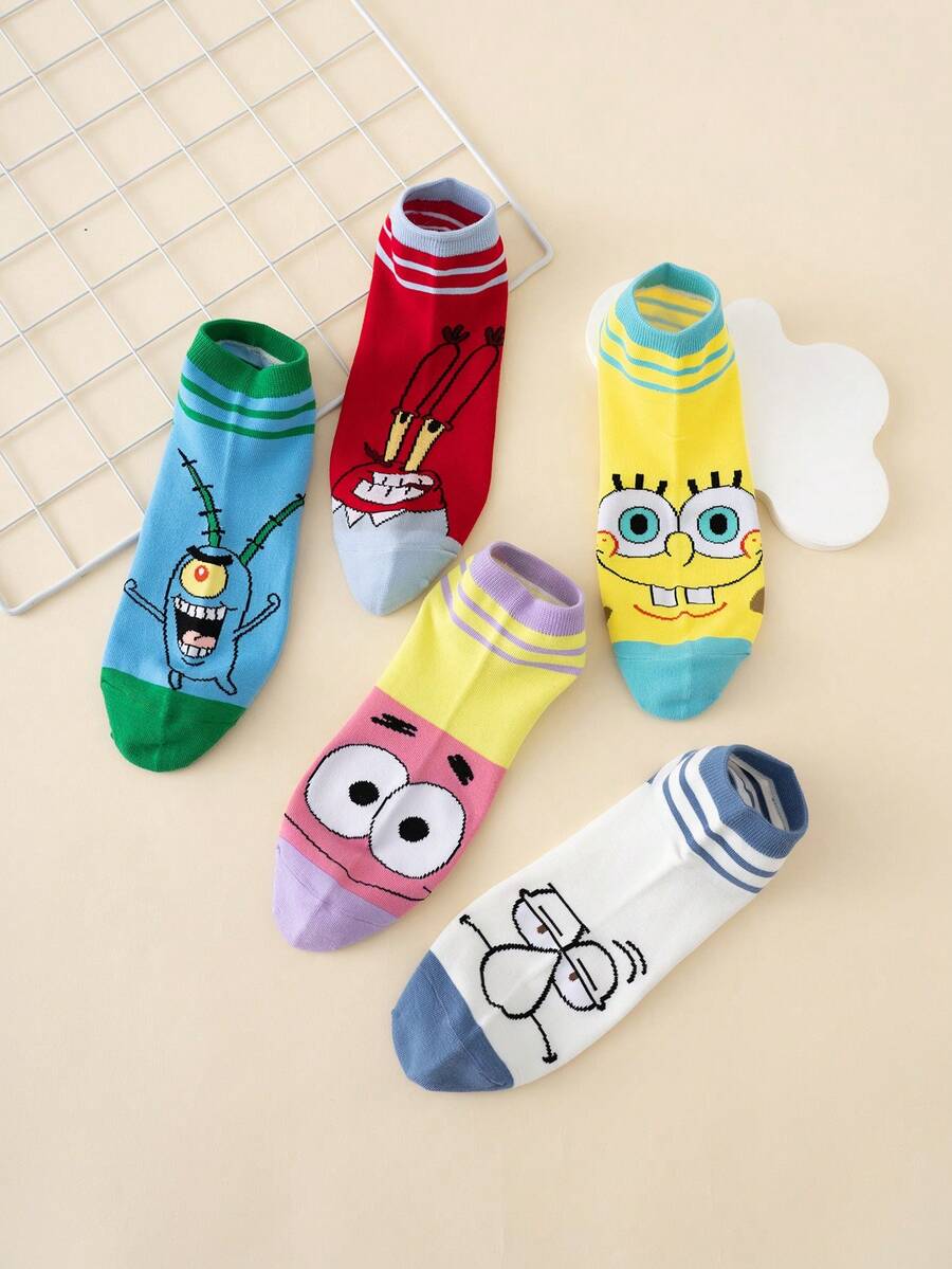 5 Pairs Fun Personalized Cartoon Cute Multi-Color Jacquard Spongebob Octopus Face Striped Pattern Short Socks, Sports Style, All Season, US/EU Sizes, Comfortable Breathable , Rich Colors, Suitable For Daily Wear, Premium Fabric, Non-Smelly - Multicolor - View 1