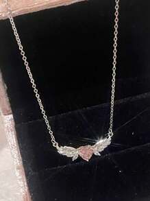 BALMORA 1 Stück luxuriöse S925 Sterling Silber Engelflügel Liebe Halskette für Frauen, süße rosa Zirkonia Schlüsselbein Kette für Mädchen, als tägliches Tragegert oder Geburtstagsgeschenk