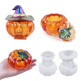 Moule en silicone en forme de citrouille pour cadeaux d'Halloween, boîte de rangement de citrouille DIY, décoration d'Halloween, moules de résine pour boîtes de rangement/contenants de bijoux artisanaux, bougies décoratives en plâtre, pots de rangement pour fruits (style aléatoire)
