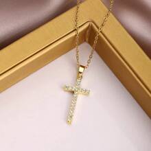1pc Fashionable Cubic Zirconia Cross Stainless Steel Pendant Necklace, Suitable For Daily Wear, Party And Casual