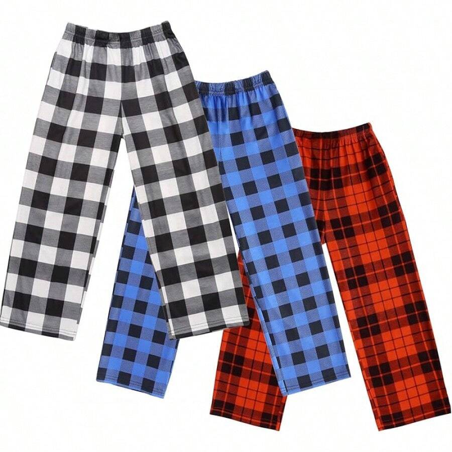 Boys Pajama Pants 3 Pack Sleep Pants Soft Elastic Waist Kids Pajama Bottoms Plaid Lounge Pants With 2 Pockets - B-模式12 - 查看 1