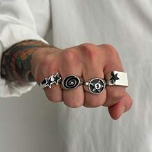 4pcs/Set Punk Metal Alloy Oil Drop Five-Pointed Star Openwork Rings Set For Men
